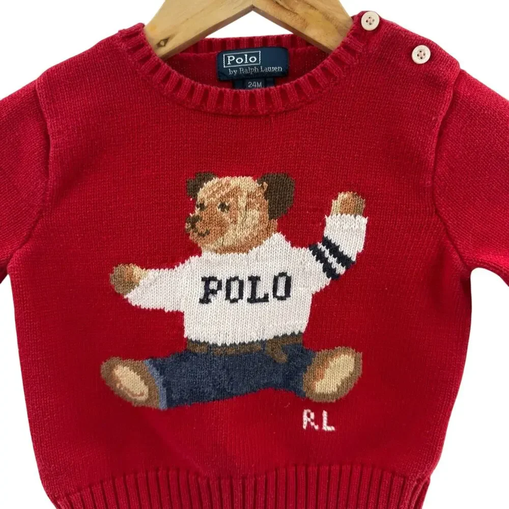 Vintage 90’s Polo Ralph Lauren Teddy Bear Sweater Red 100% Cotton Size 24 Months - Picture 2 of 8